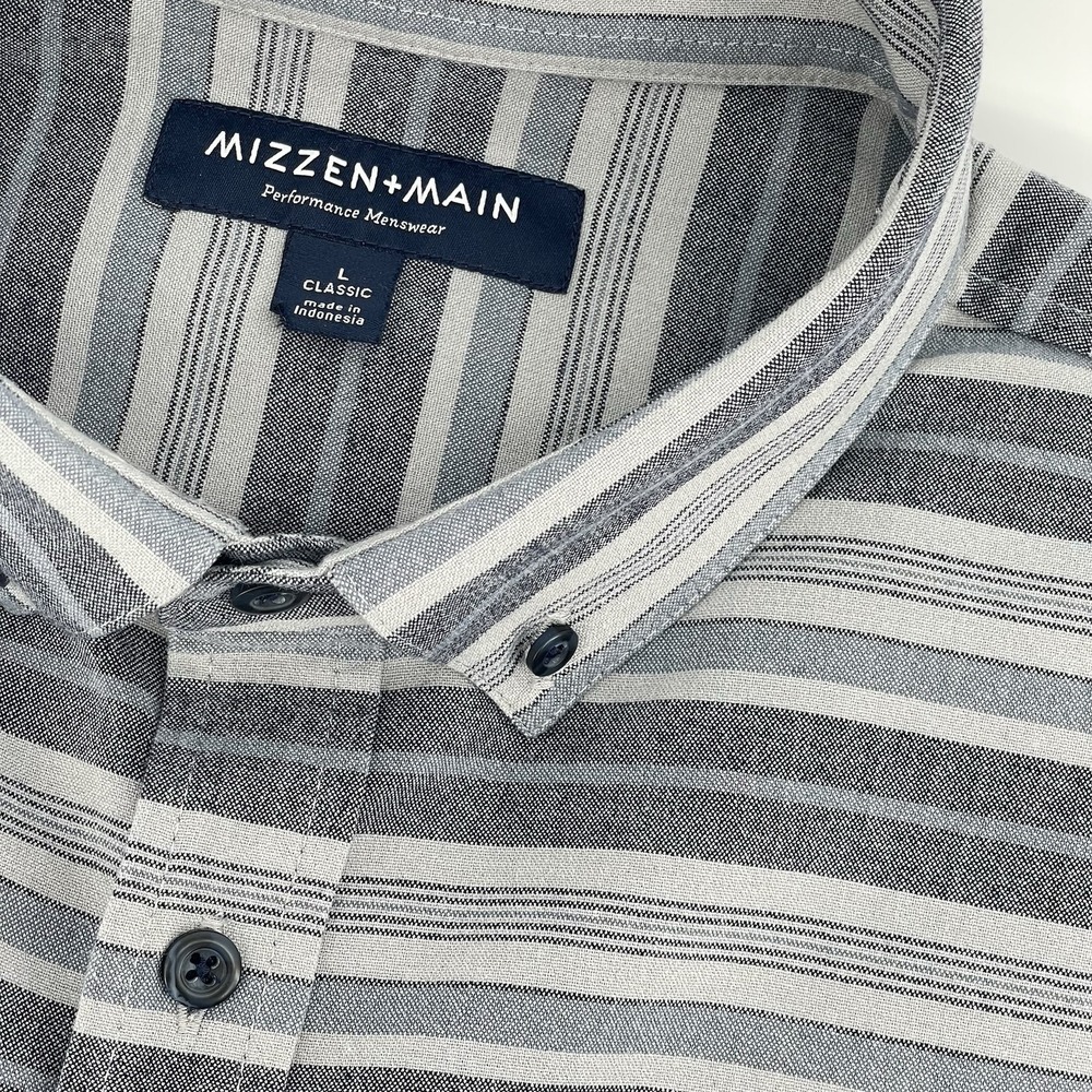 Mizzen + Main Shirt Mens L Button Down LS Gray Blue Stripe Performance Stretch